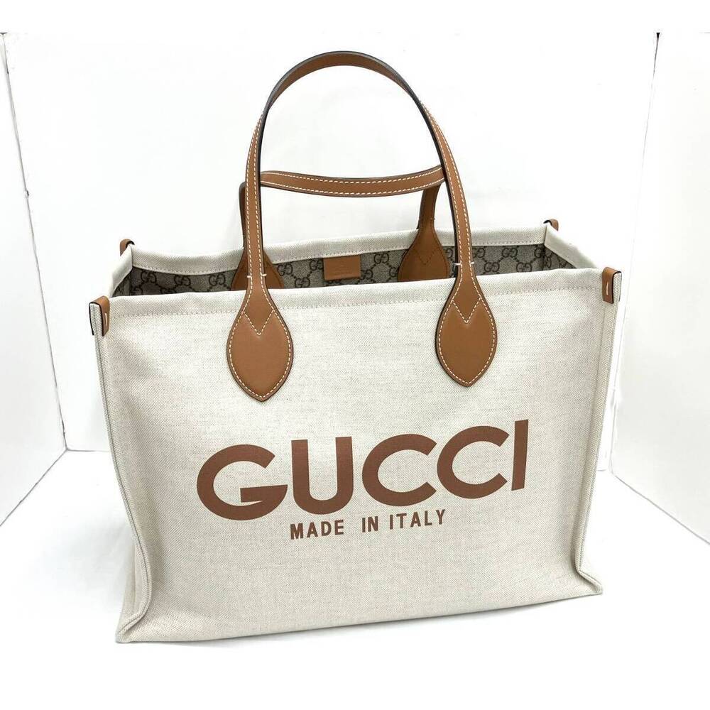 Gucci logo print tote bag beige canvas brown leather White